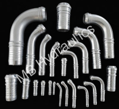 Collection of metallic automotive hoses and connectors on a black background